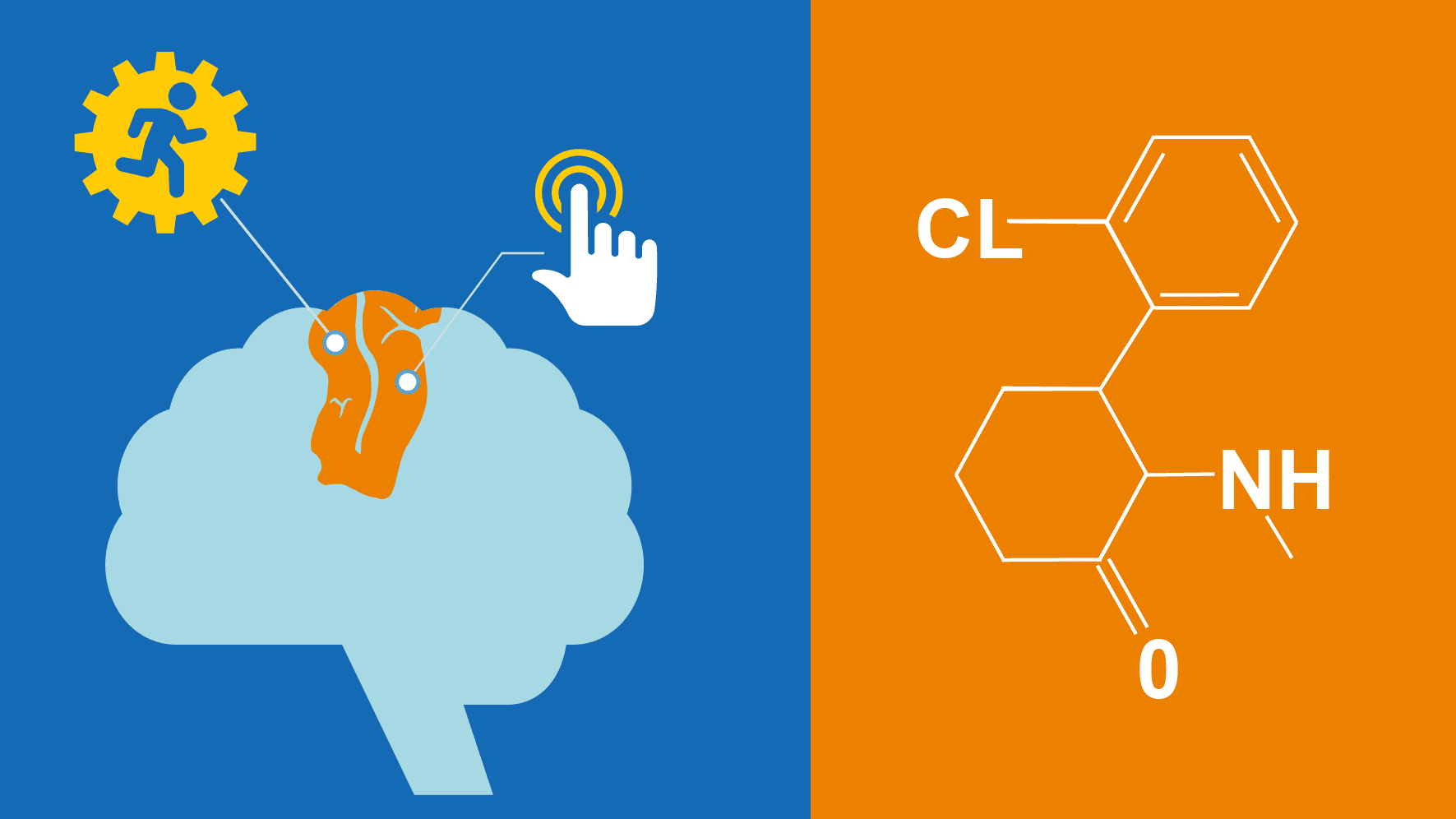 Artistic image of a light blue outline of a brain on a darker blue background, next to an orange background featuring a chemical molecule