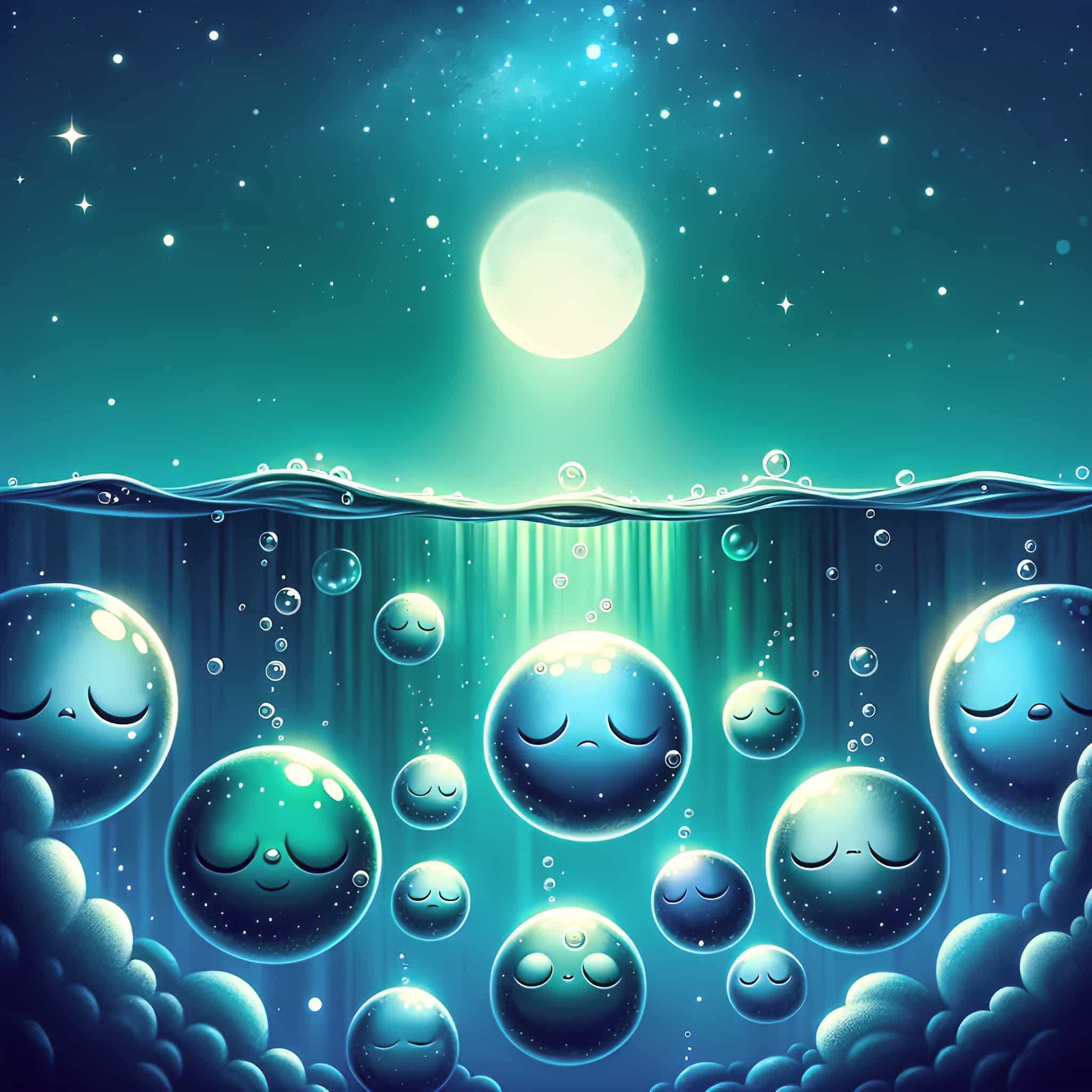 quiescence-featured sleeping moons floating in water with bubbles