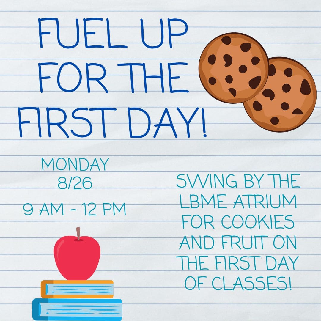 Fuel Up for the First Day. Features two chocolate chip cookies and books stacked with a red apple on top